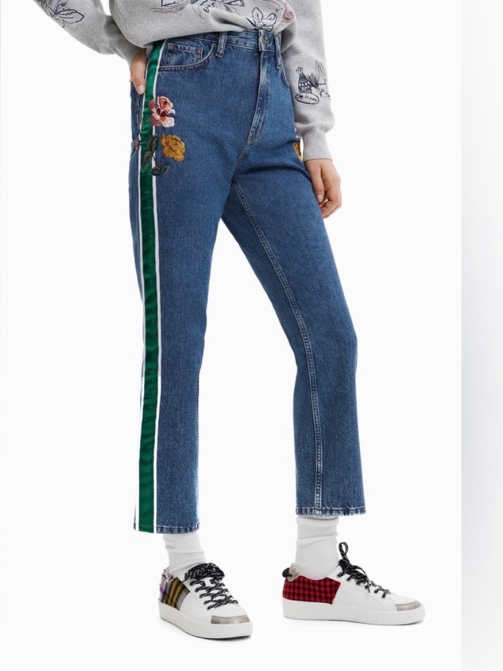 Desigual Alejandra Striped Floral Embroidered Cropped Straight Leg Jeans 40 US 8